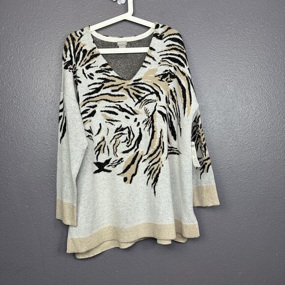 Chico's 3 US XL Tiger Animal Print Face V neck Tan Pullover Tunic Sweater NEW - Picture 1 of 7